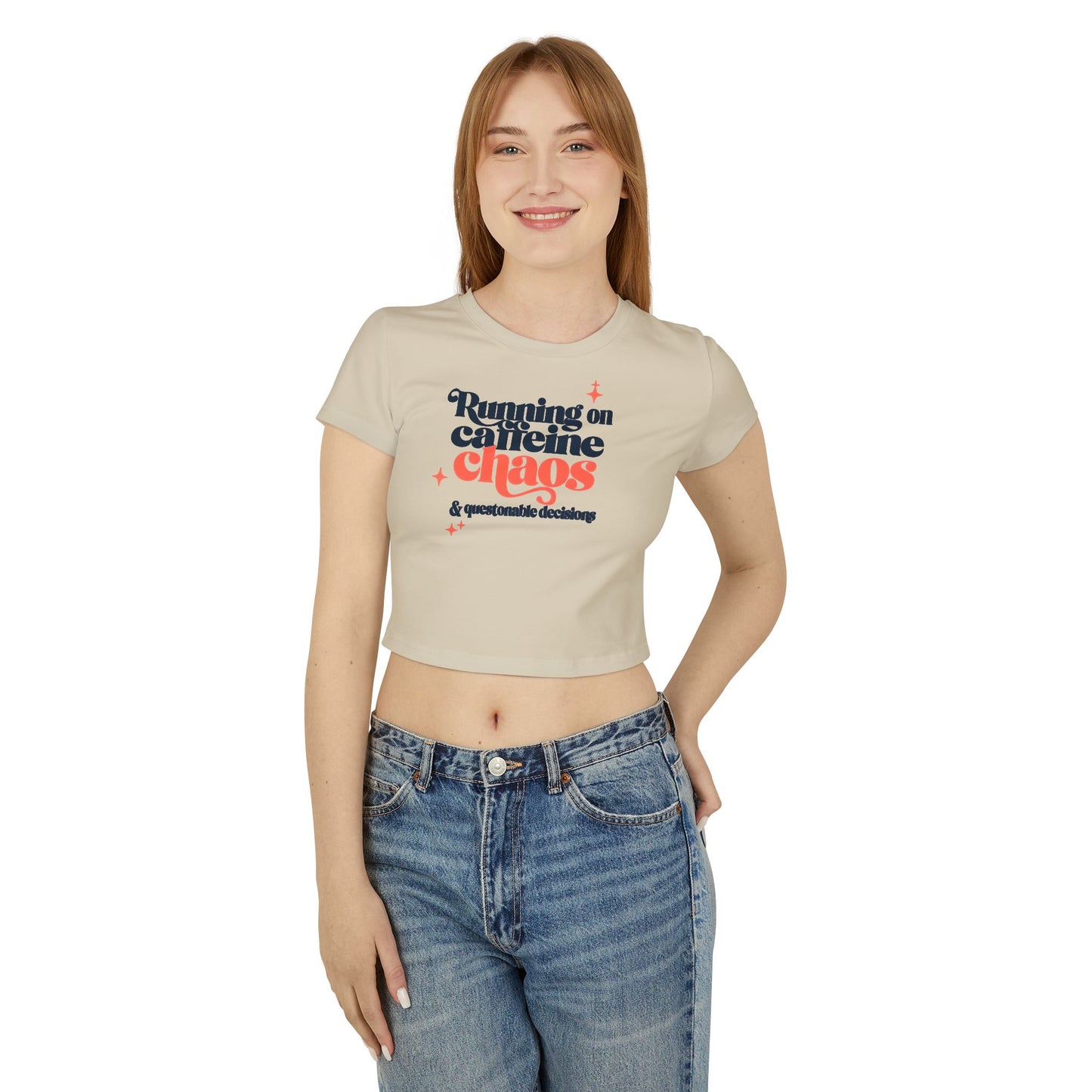 Funny Women&#039;s Baby Tee - Running on Caffeine Chaos & Questionable Decisions
