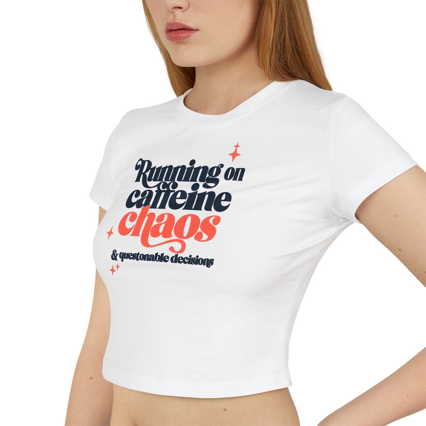 Funny Women&#039;s Baby Tee - Running on Caffeine Chaos & Questionable Decisions
